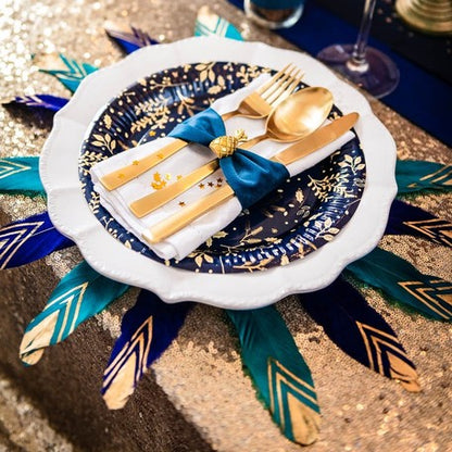 6 pene etnice în albastru păun și auriu 18-20 cm strălucitor