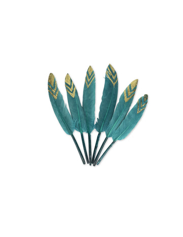 6 pene albastru-păun și sclipici auriu 12-14 cm pentru decorațiuni etnice