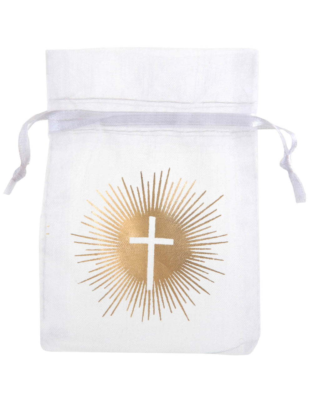 Sac organza de ceremonie alb și auriu cu cruce