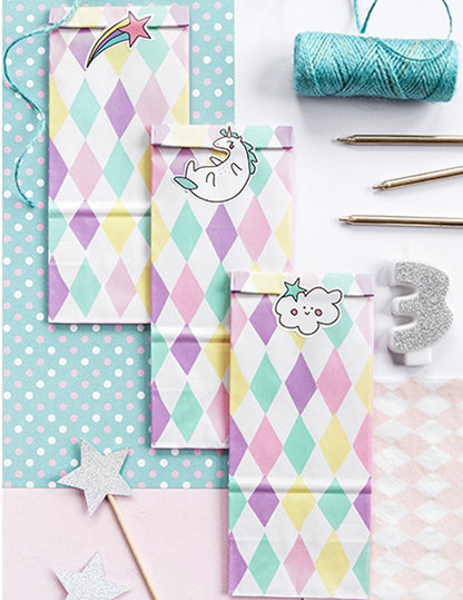 6 pungi cadou din hârtie pastel cu unicorn, 8 x 18 x 6 cm