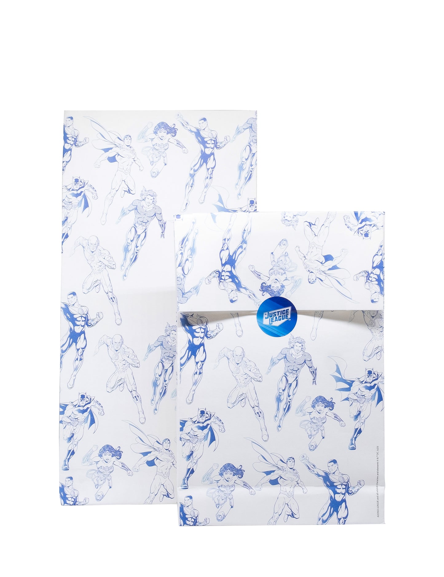 Sacs cadeaux Justice League pour enfant blancs et bleus à motifs