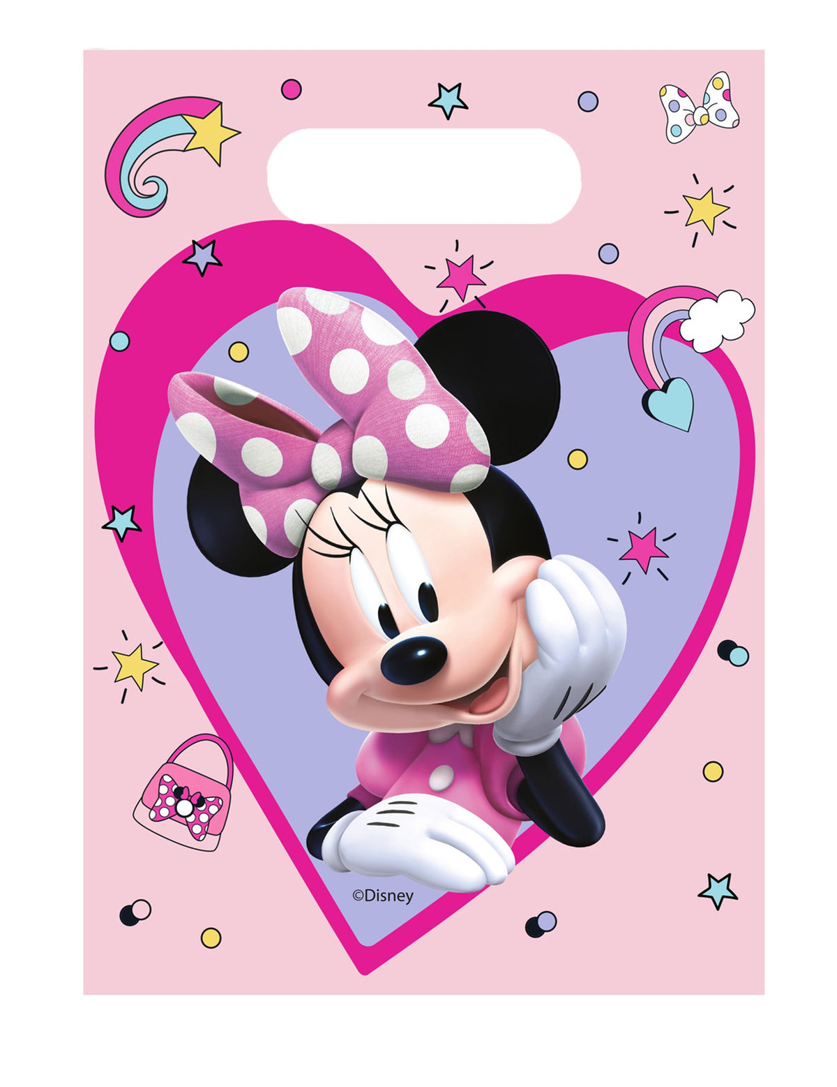 Sacs cadeaux Minnie pour enfant rose avec motifs cœurs et étoiles