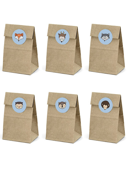 6 sacs en papier kraft et stickers animaux de la forêt pour enfant marron et bleu