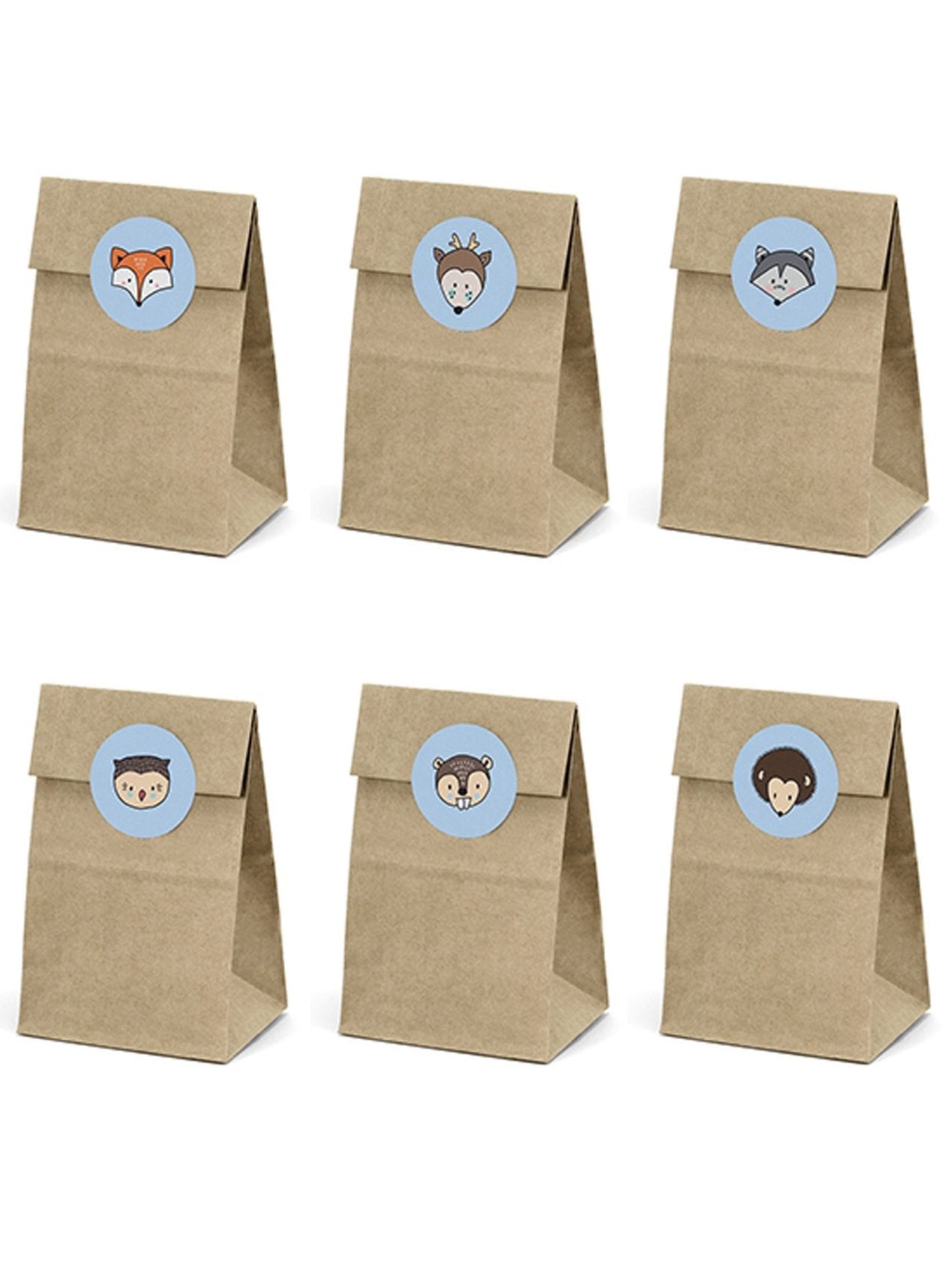 6 pungi din hârtie kraft și stickere cu animale din pădure 
