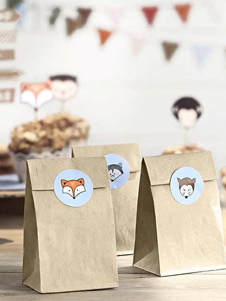 6 pungi din hârtie kraft și stickere cu animale din pădure 