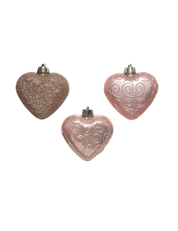 6 decorațiuni suspendate pentru brad, inimioare rose gold 7,5 cm 