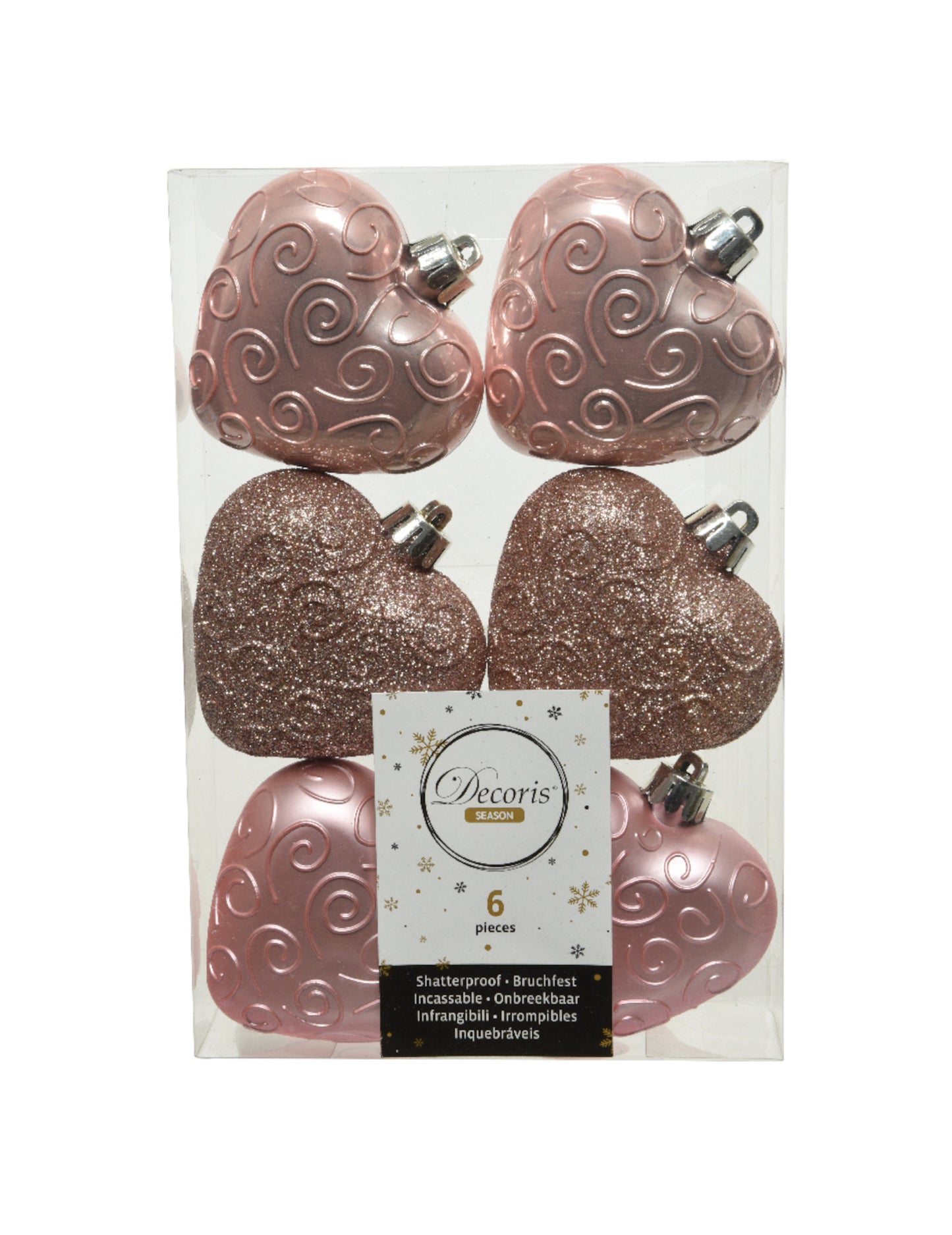 6 decorațiuni suspendate pentru brad, inimioare rose gold 7,5 cm 