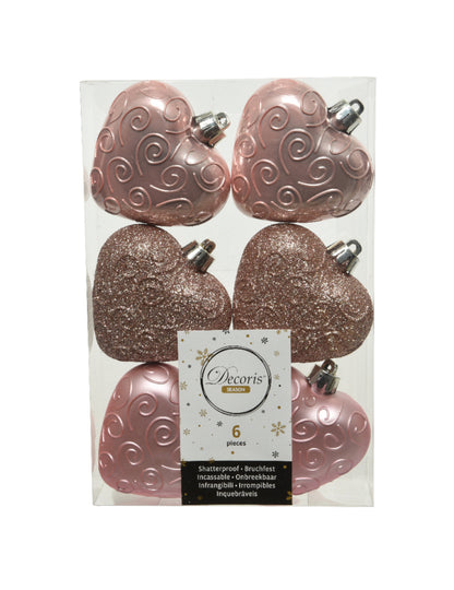 6 decorațiuni suspendate pentru brad, inimioare rose gold 7,5 cm 