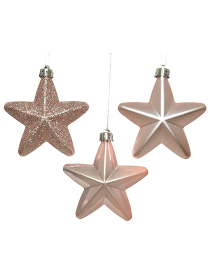 6 ornamente de Crăciun cu steluțe roz pudrate 7,5 cm