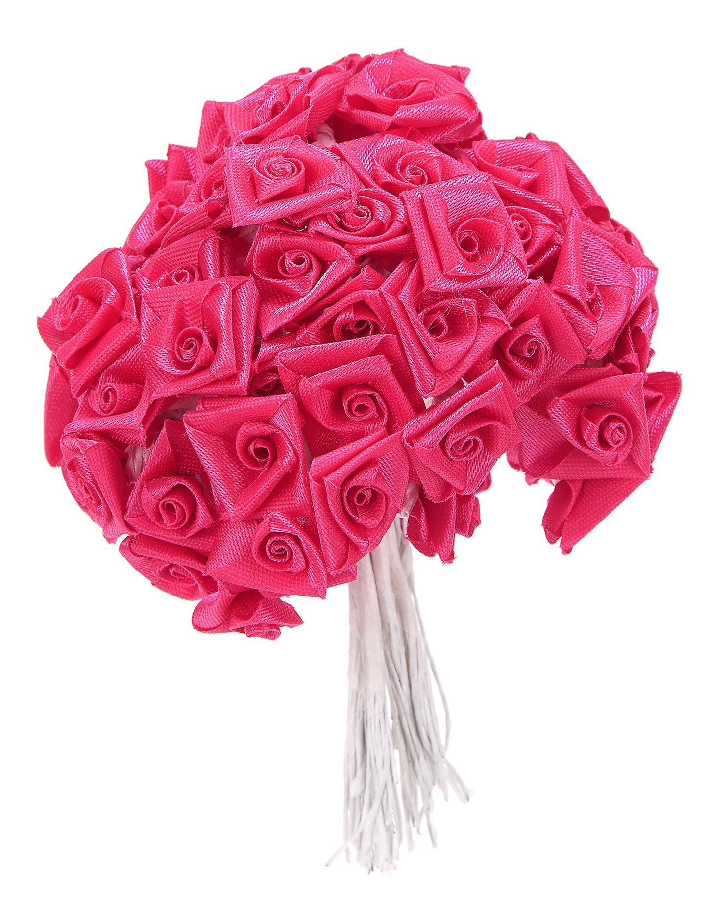 48 mini trandafiri din satin fucsia 1 x 8 cm pe tulpină pentru nuntă 