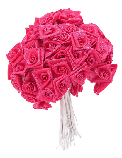 48 mini trandafiri din satin fucsia 1 x 8 cm pe tulpină pentru nuntă 
