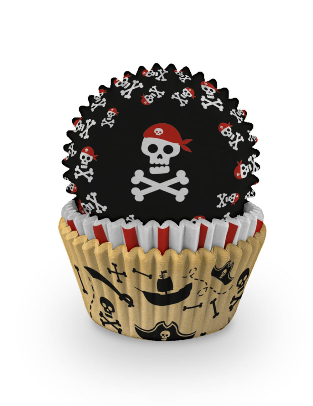 Moules à cupcakes en papier pirate pour anniversaire noir et beige avec têtes de mort