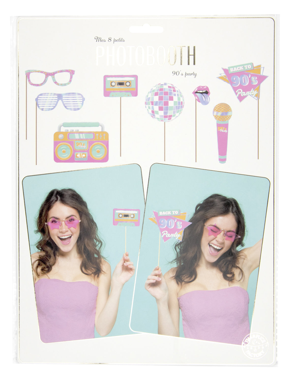 Vue de l'emballage des 8 accessoires photobooth années 90