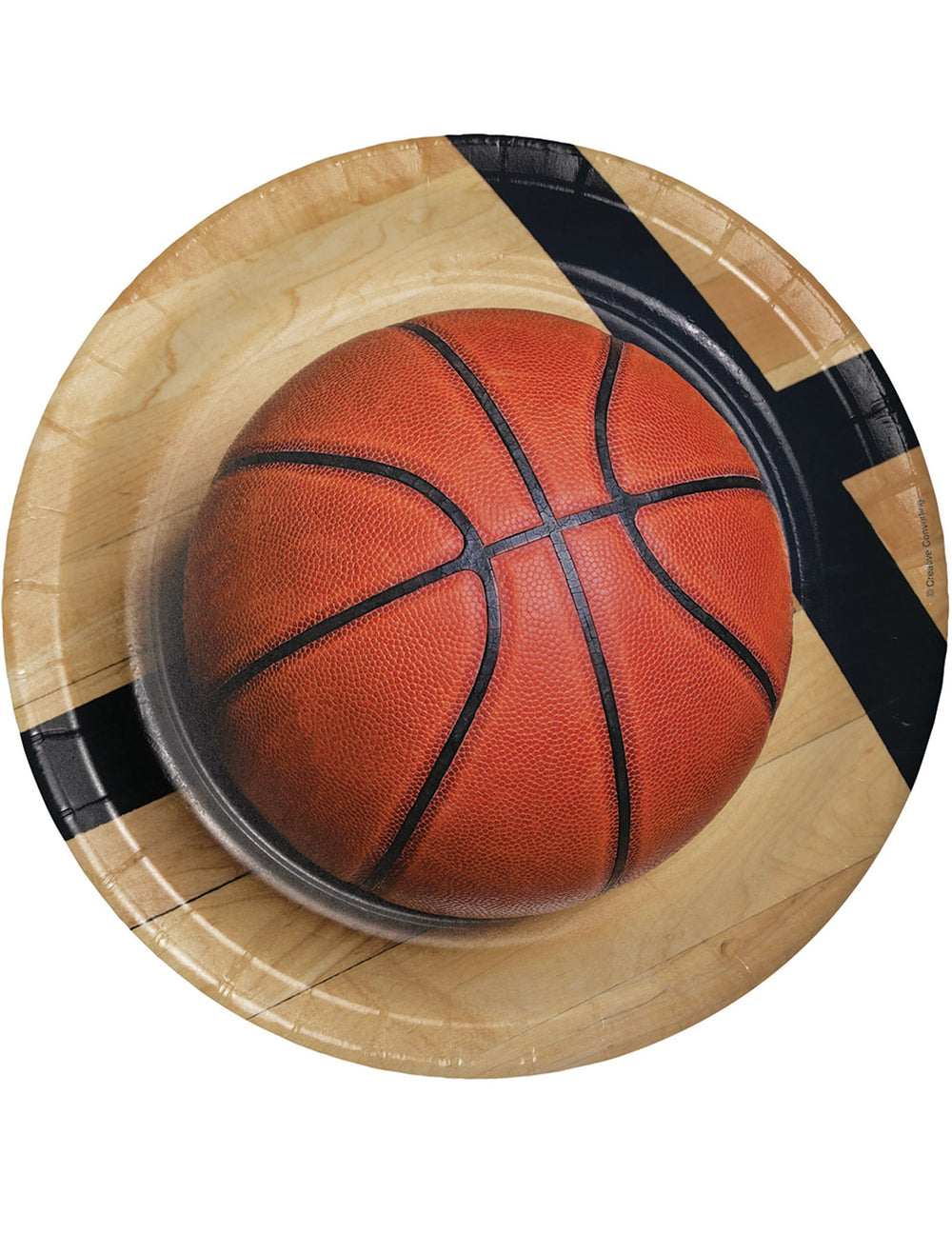 Assiettes en carton ballon de basket pour fête thème sport orange avec aspect parquet bois