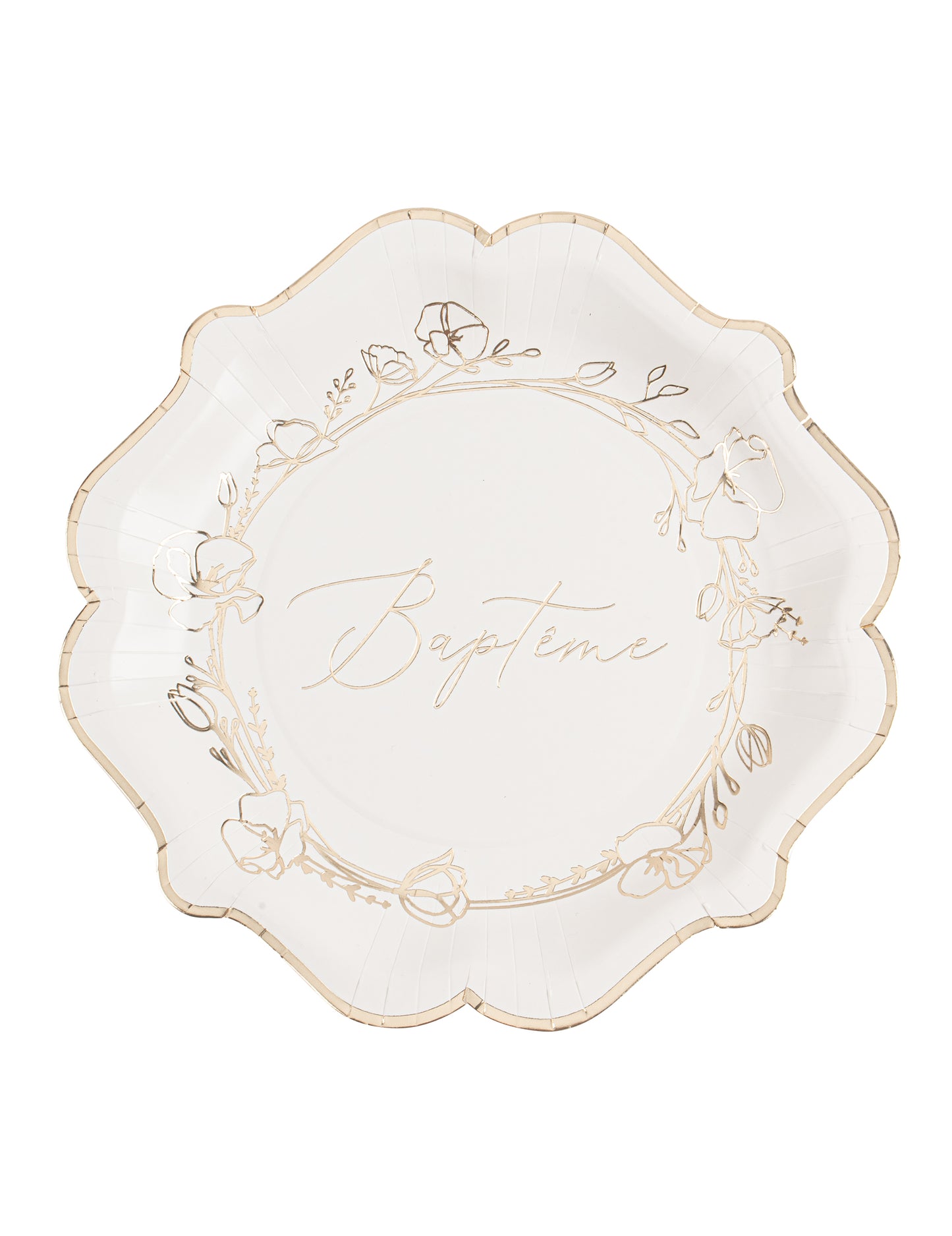 Assiettes en carton baptême blanches avec fleurs dorées