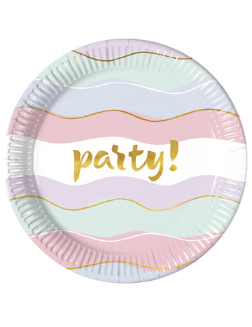 8 assiettes en carton elegant party pastel 23 cm vagues dorées