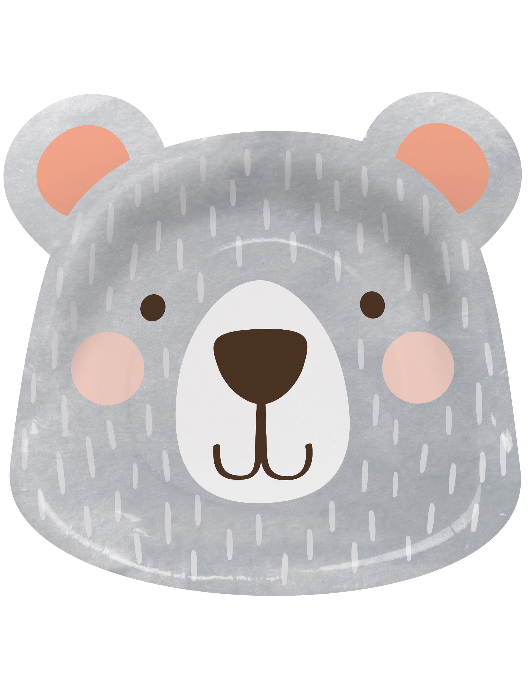 Assiettes en carton en forme de tête ours pour enfant gris avec joues roses