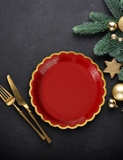 8 farfurii de carton roșii și aurii, festonate, 23 cm de Crăciun