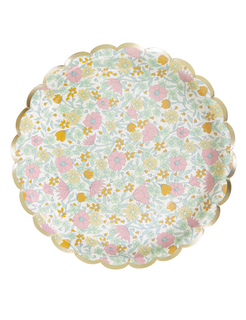 8 farfurii festonate din carton shabby auriu 23 cm cu flori 