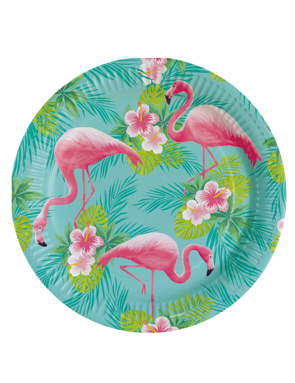 Assiettes en carton Flamingo Paradise décor tropical turquoise avec flamants roses et hibiscus