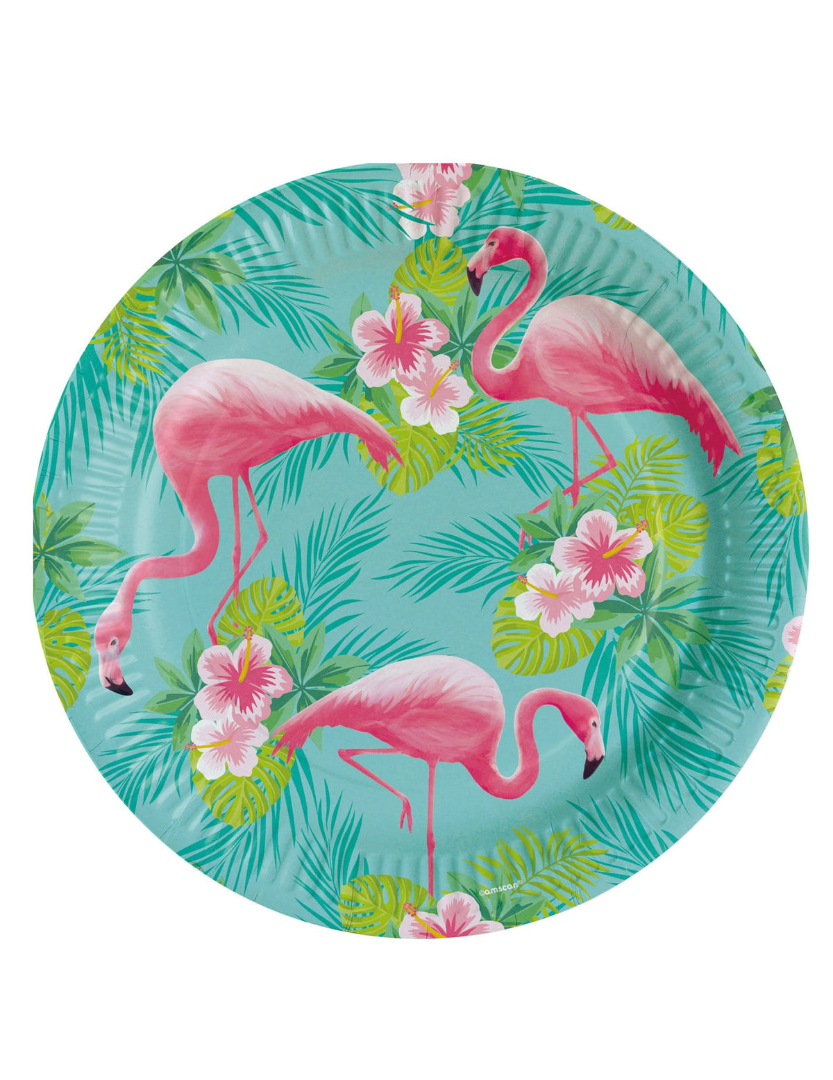 Assiettes en carton Flamingo Paradise décor tropical turquoise avec flamants roses et hibiscus
