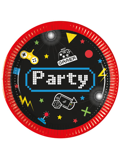 Petites assiettes en carton Gaming Party pour enfant noir et rouge avec motifs de jeux vidéo