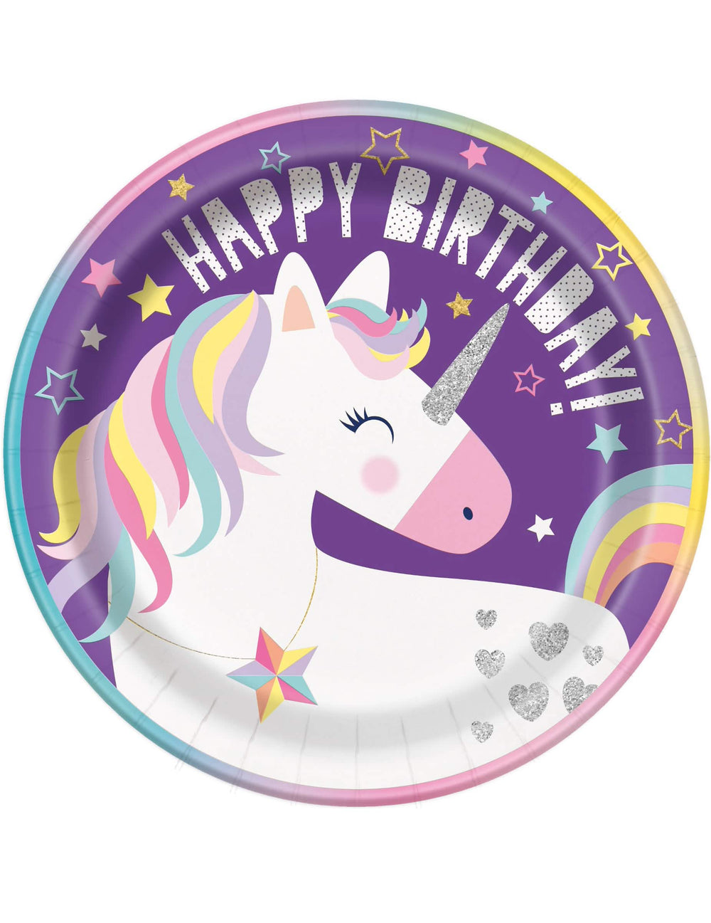 farfurii din carton Happy Birthday unicorni party pentru aniversare fetiță violete cu detalii sclipitoare
