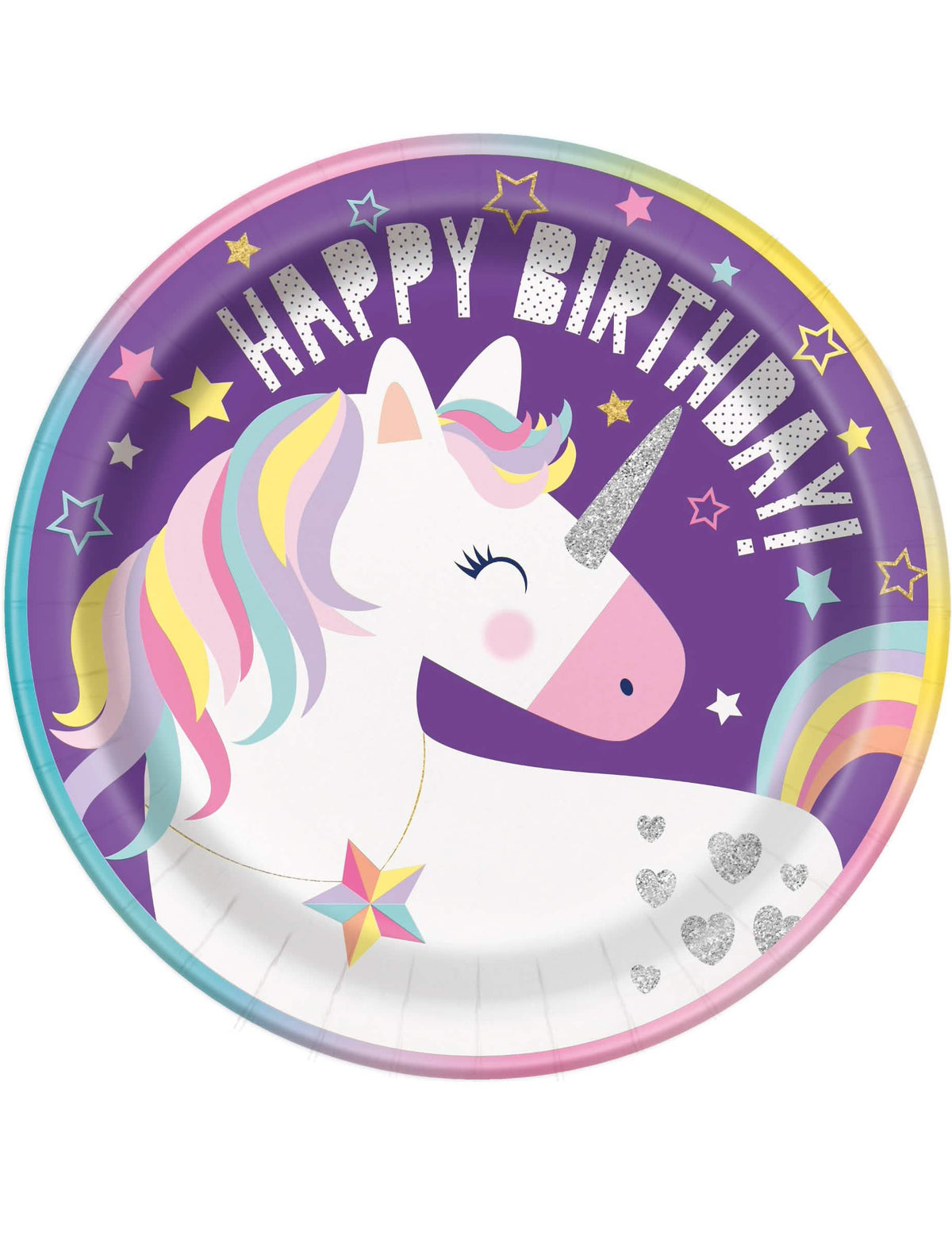 farfurii din carton Happy Birthday unicorni party pentru aniversare fetiță violete cu detalii sclipitoare
