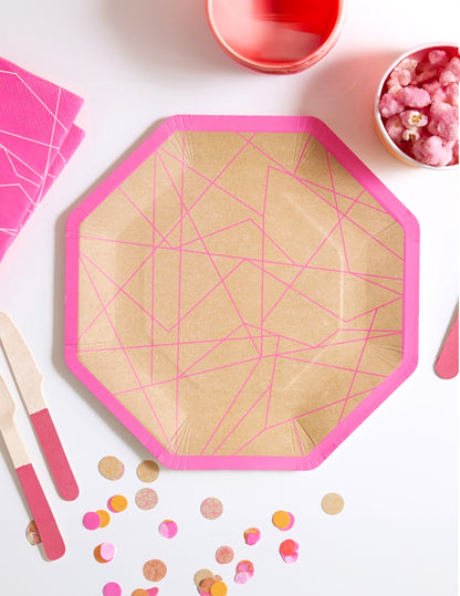 8 farfurii kraft geometrice roz neon, 25 cm octogonal