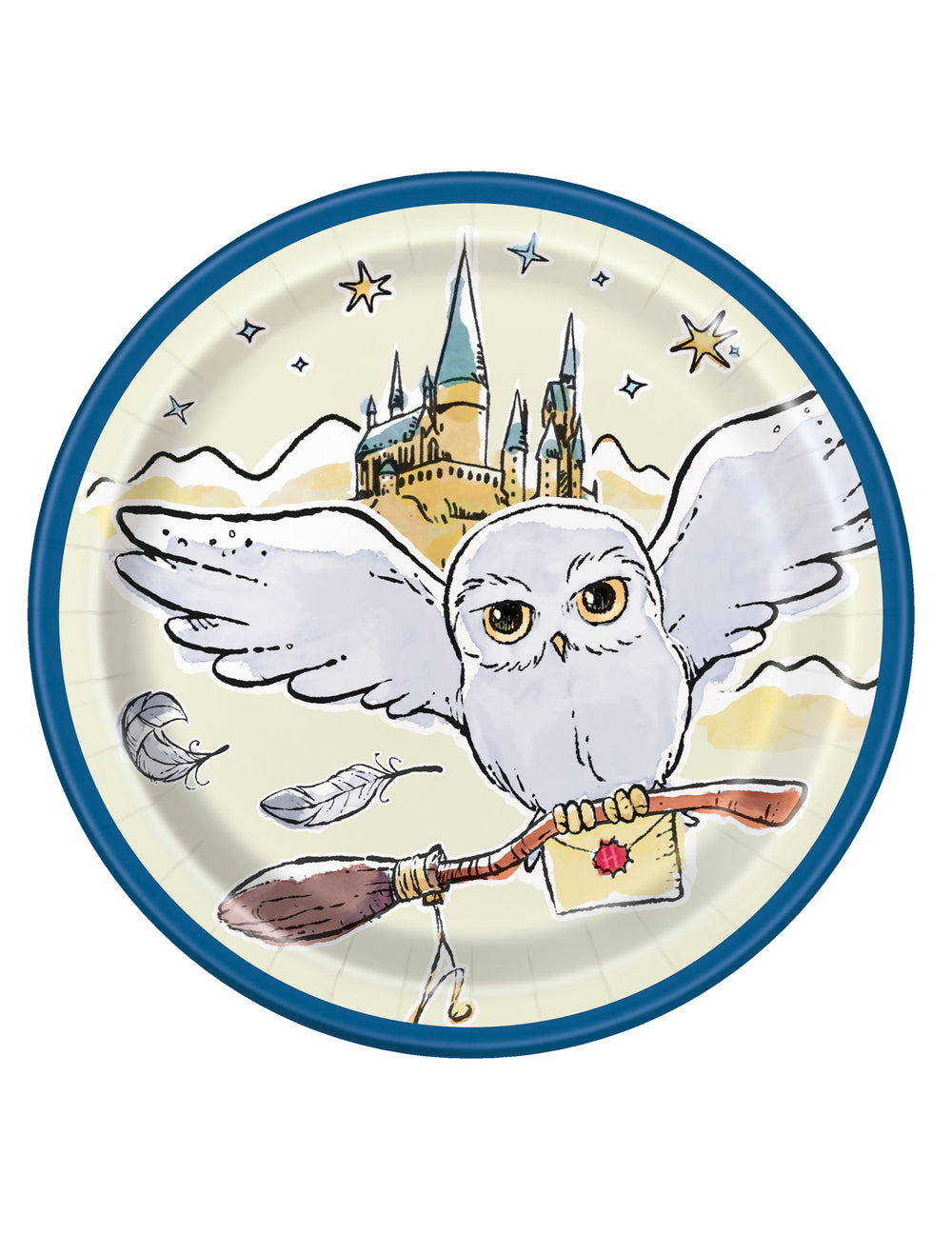 Petites assiettes en carton Harry Potter pour enfant bleu avec chouette Hedwig et château de Poudlard