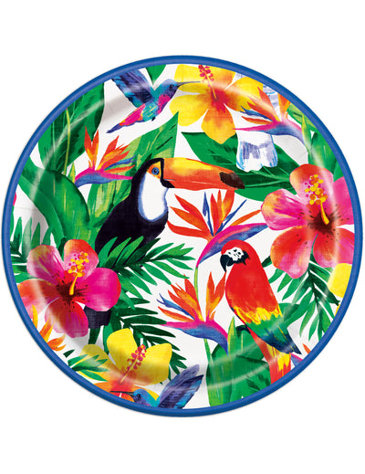 Assiettes en carton Palm Tropical Luau pour fête avec motifs oiseaux et fleurs exotiques
