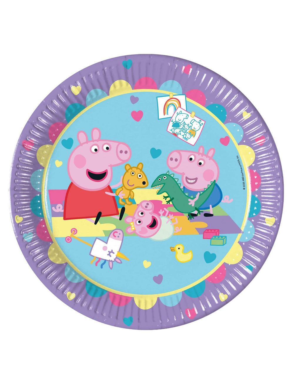 farfurii din carton Peppa Pig mov și albastre cu modele cu inimi și personaje