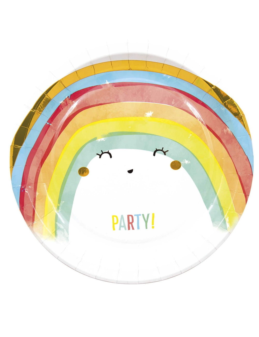 farfurii din carton Rainbow party curcubeu pentru petrecere multicolore cu față zâmbitoare și bordură aurie