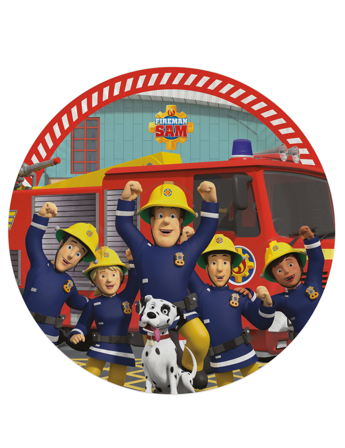 Assiette en carton Sam le Pompier pour enfant rouge avec camion et équipe de pompiers