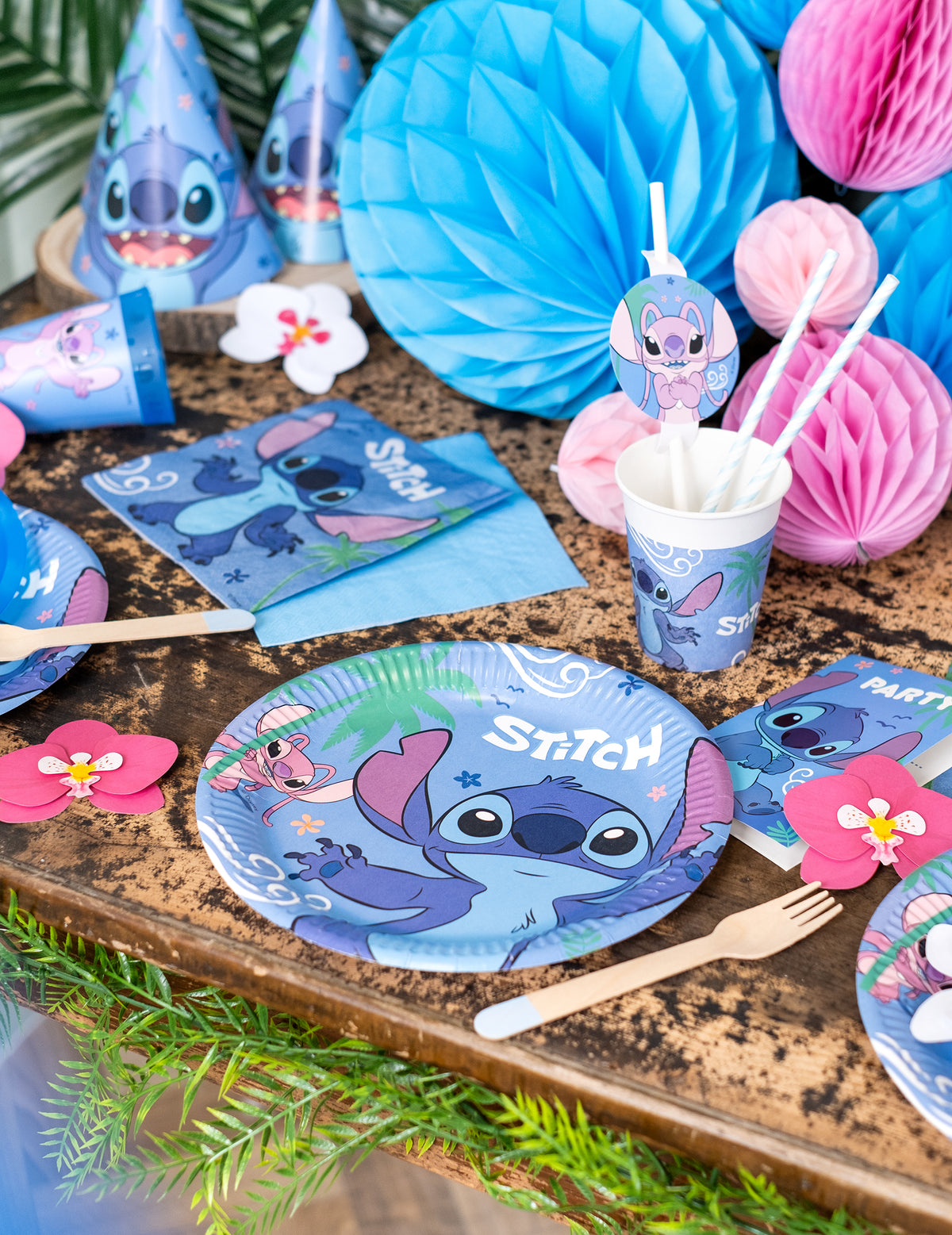 Mise en situation sur une table d'anniversaire des assiettes en carton Stitch