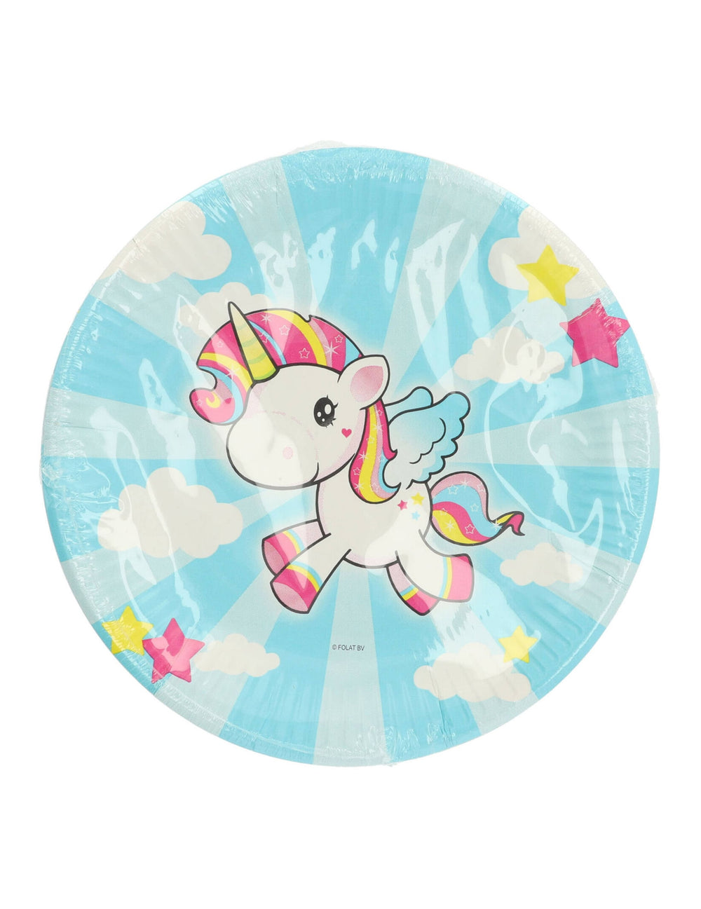 Gros plan sur le motif des assiettes en carton licorne pour anniversaire