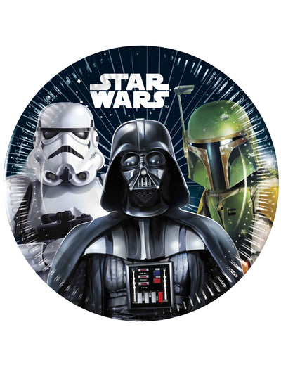 Assiettes en carton Star Wars Galaxy pour anniversaire bleu avec Dark Vador, Stormtrooper et Boba Fett