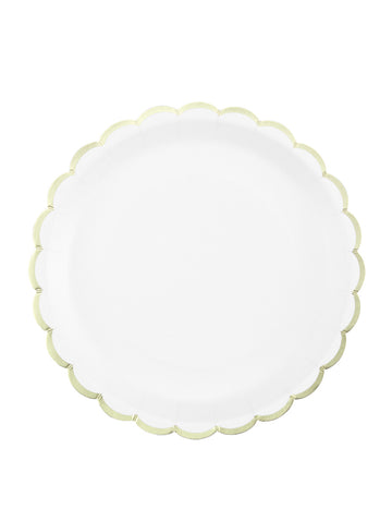 8 farfurii de carton festonate albe și aurii, 23 cm