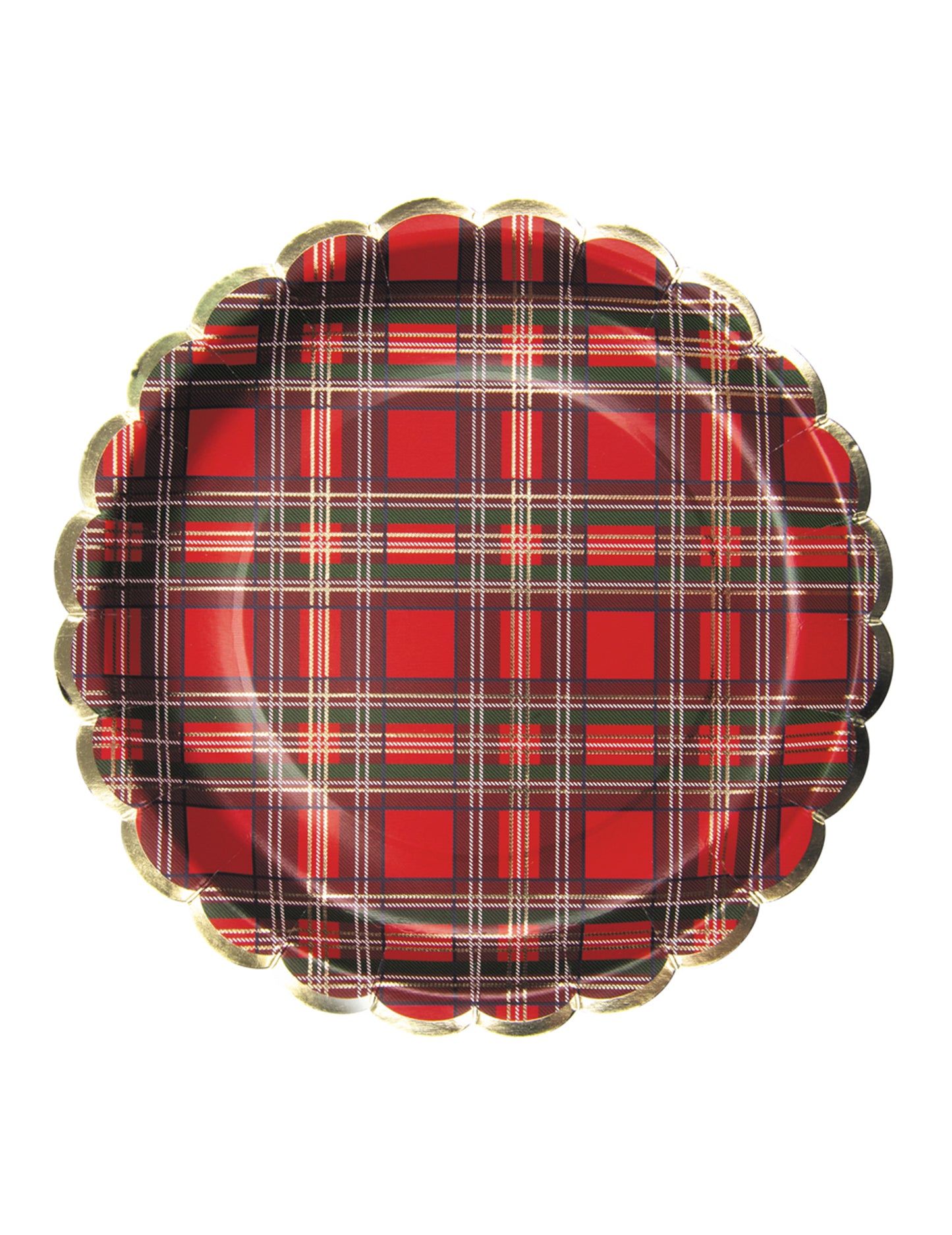 8 farfurii de carton festonate cu model tartan de Crăciun 23 cm bordură aurie