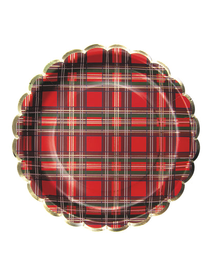 8 farfurii de carton festonate cu model tartan de Crăciun 23 cm bordură aurie