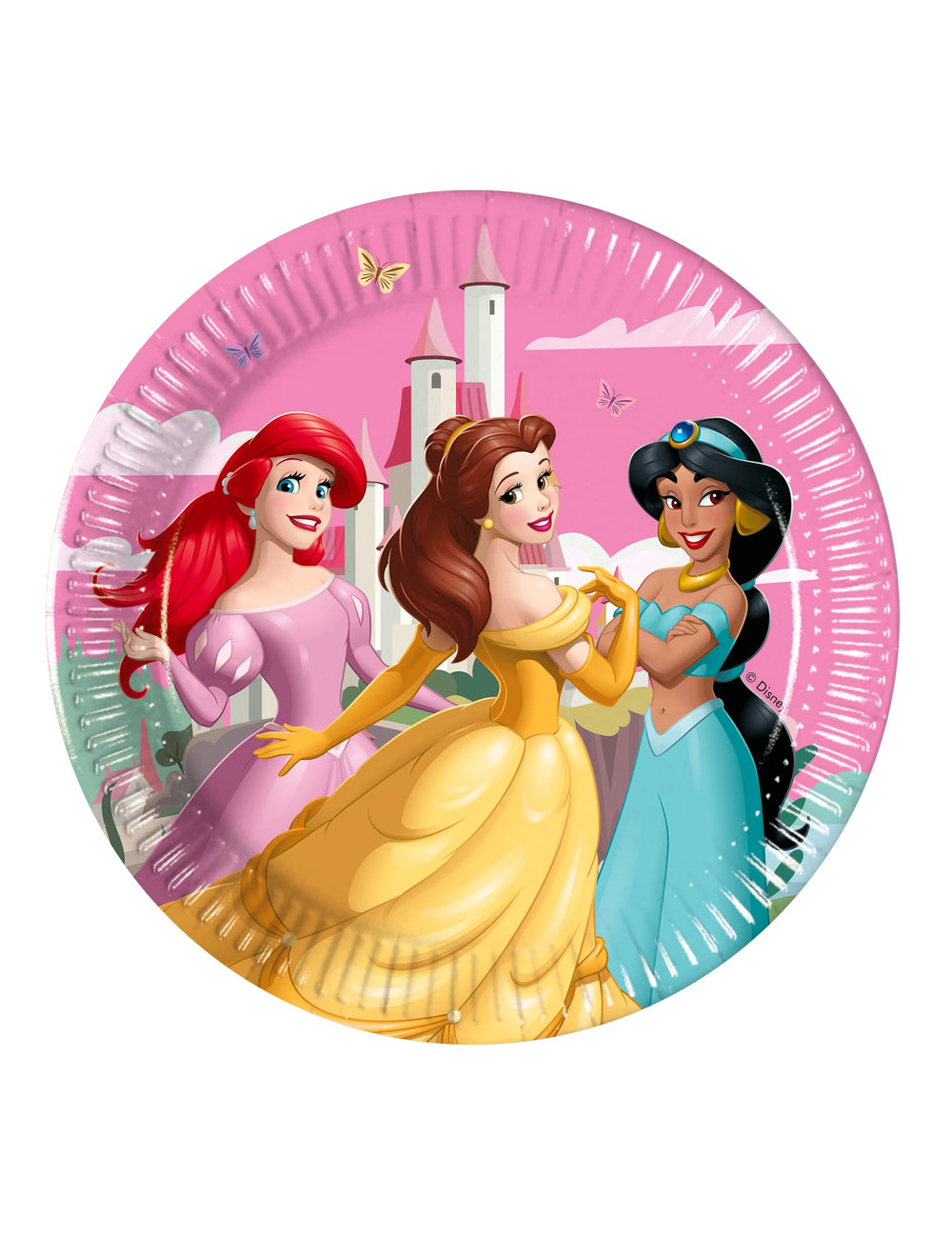 Assiettes Princesses Disney rose avec Ariel Belle et Jasmine devant un château