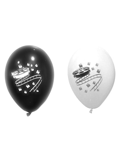 Ballons en latex cinéma pour fête noirs et blancs avec motifs de pellicule et clap