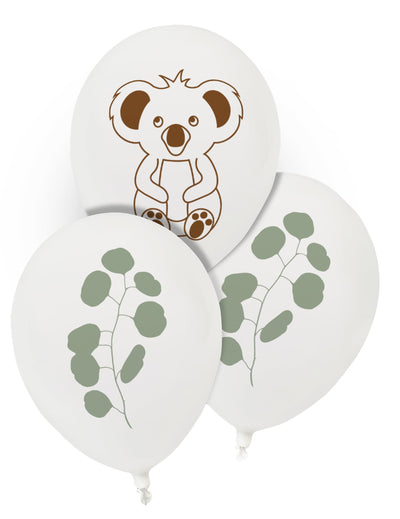 Ballons en latex koala et eucalyptus pour fête blancs avec motifs marron et verts