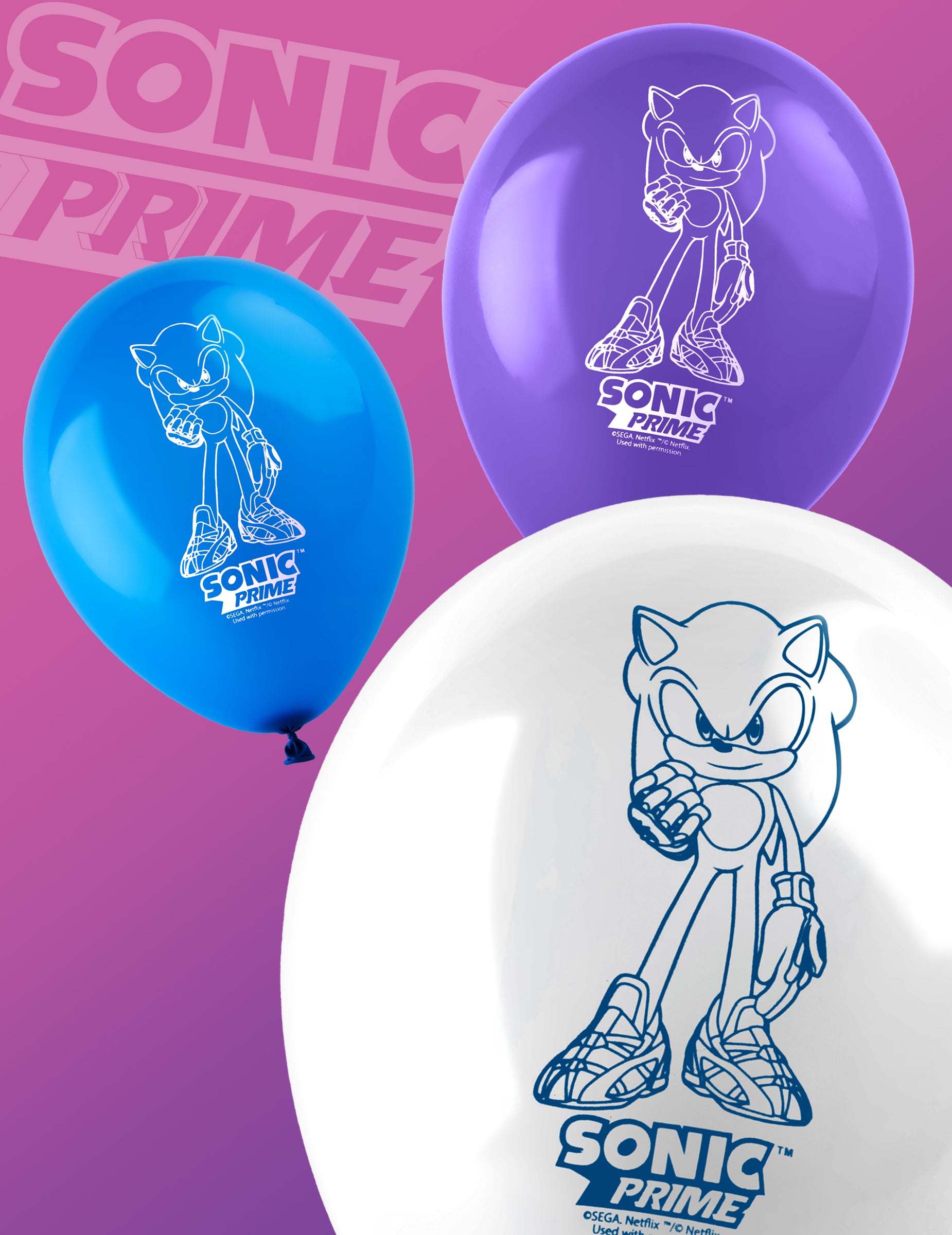 Gros plan sur le motif imprimé des ballons latex Sonic Prime
