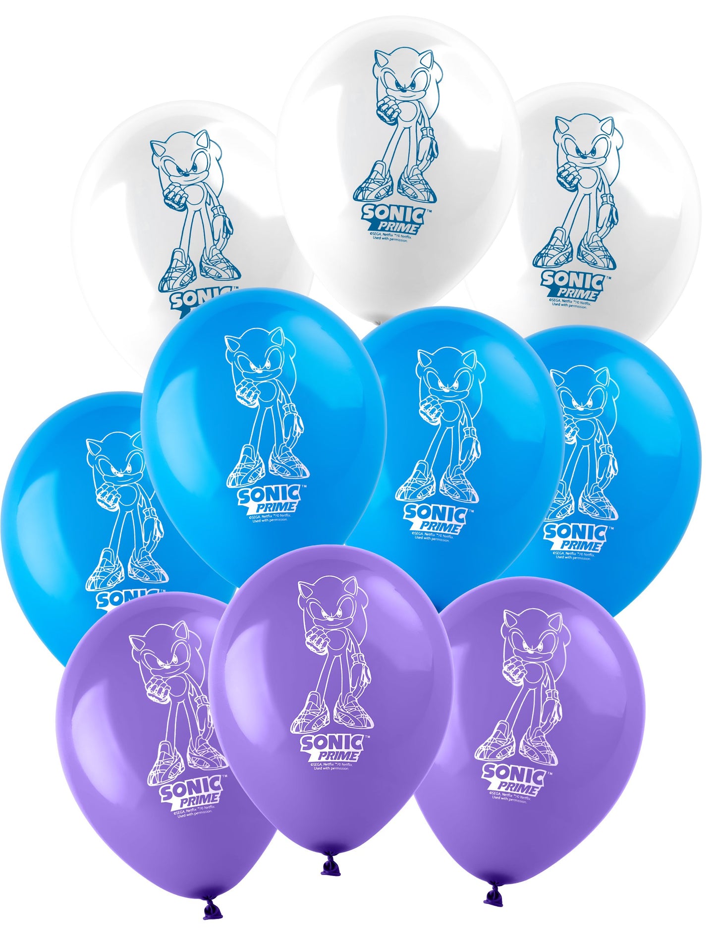 Ballons latex Sonic Prime pour anniversaire blancs bleus et violets