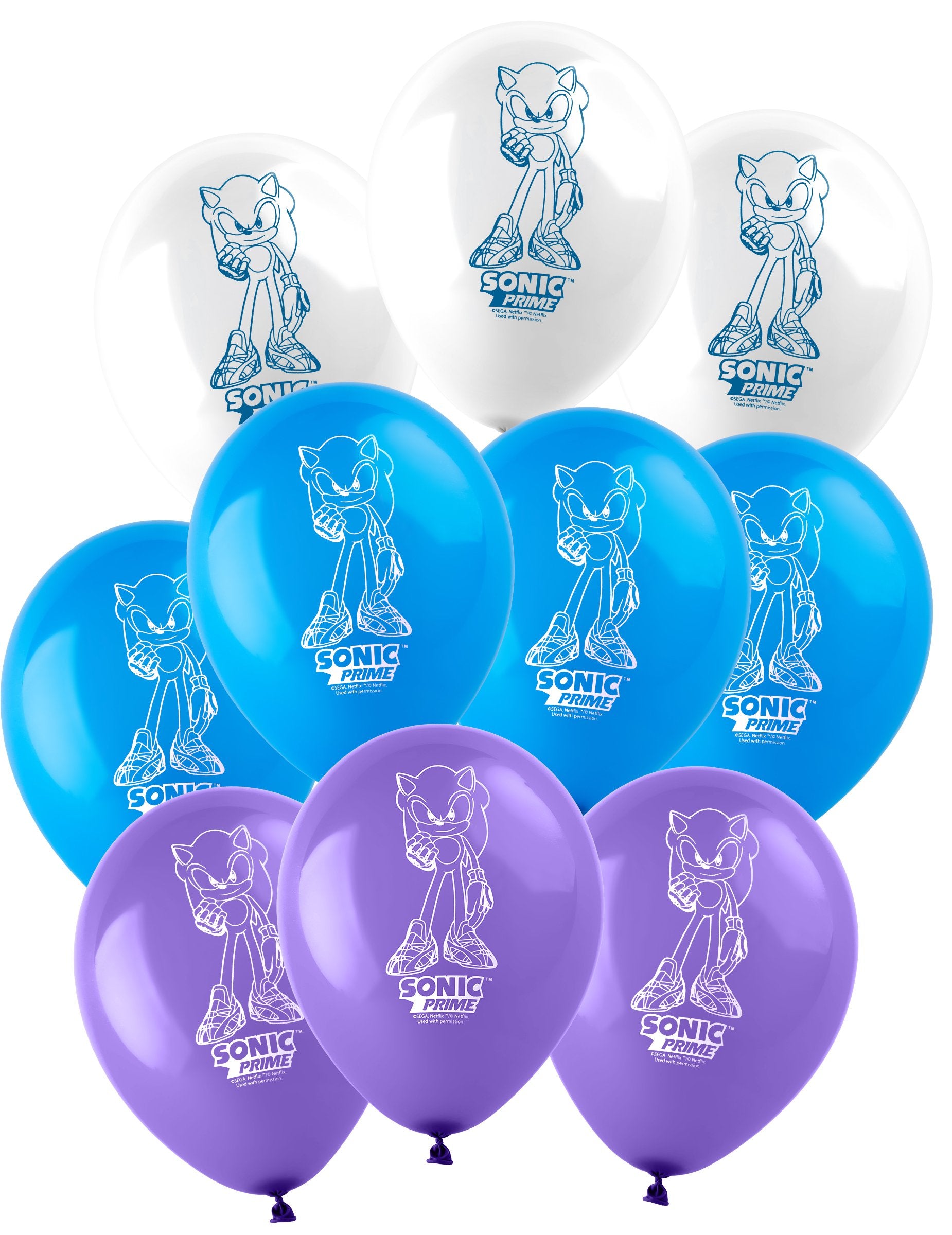 Ballons latex Sonic Prime pour anniversaire blancs bleus et violets