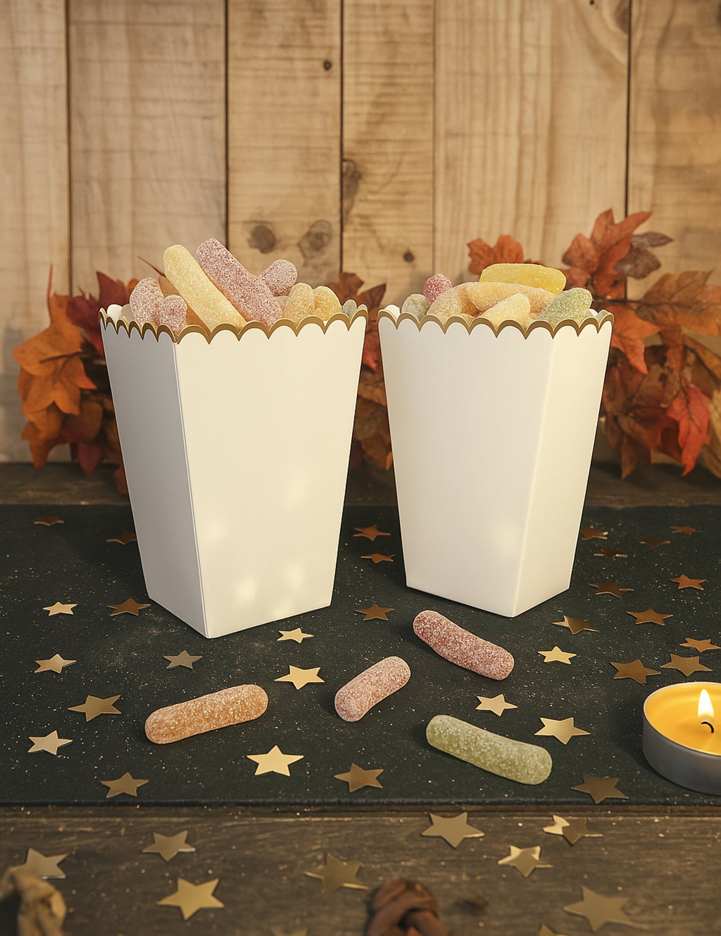 8 boîtes à pop corn blanc et or 12,5 x 7 cm festonnées