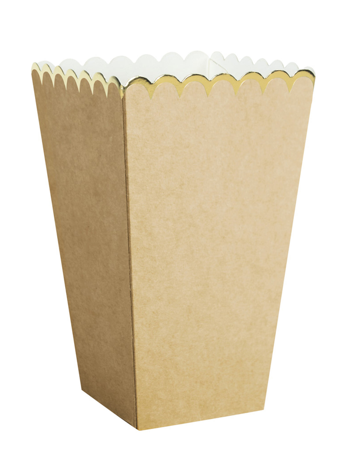 Vue de trois-quarts des boîtes à pop corn kraft et or