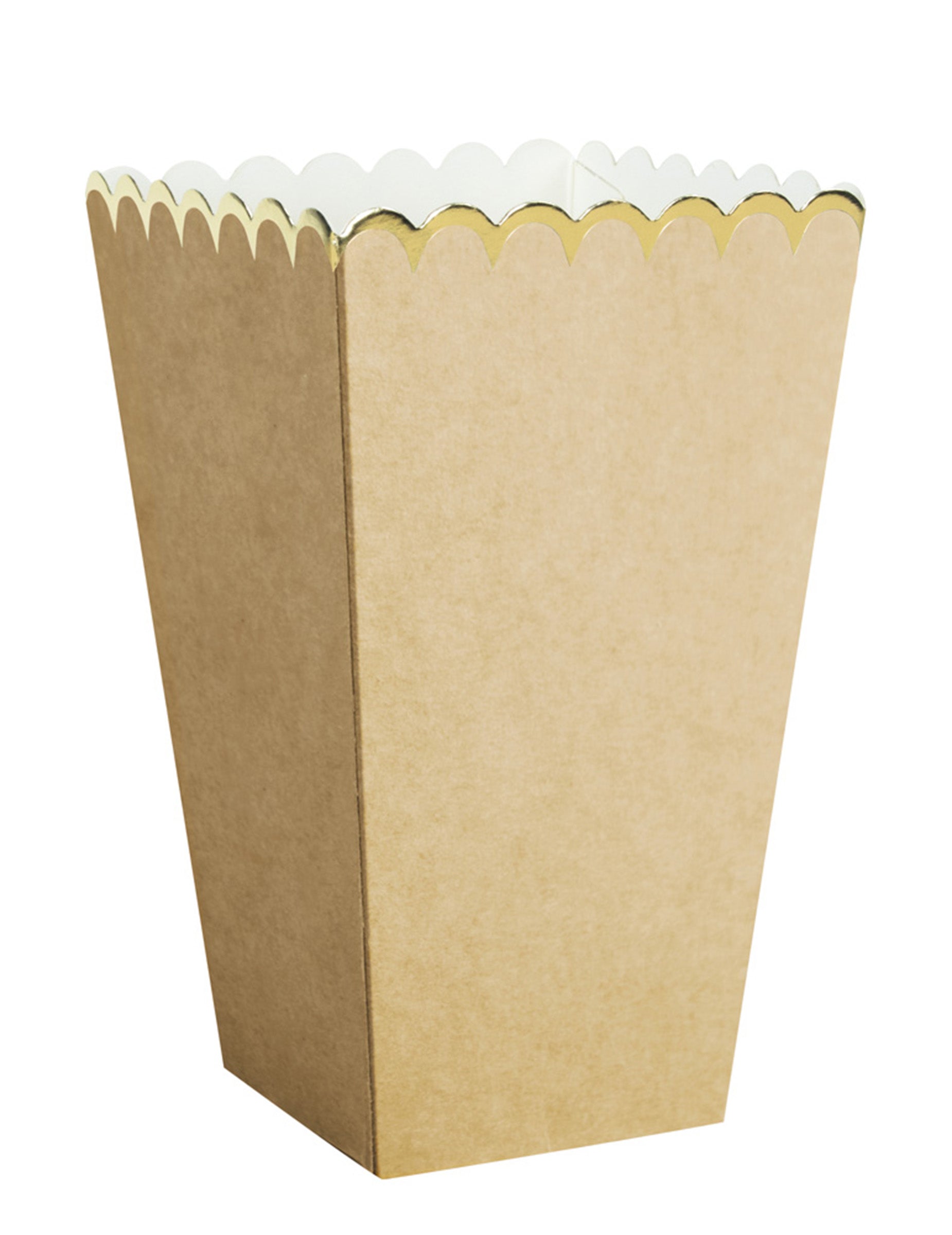 Vue de trois-quarts des boîtes à pop corn kraft et or