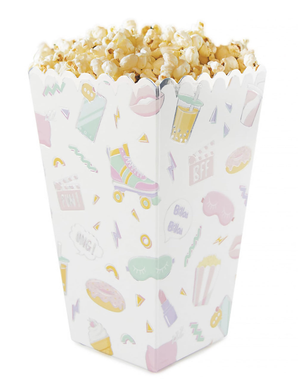 Vue de la boîte remplie de popcorn de la boîte à pop corn pyjama party irisé aux motifs girly